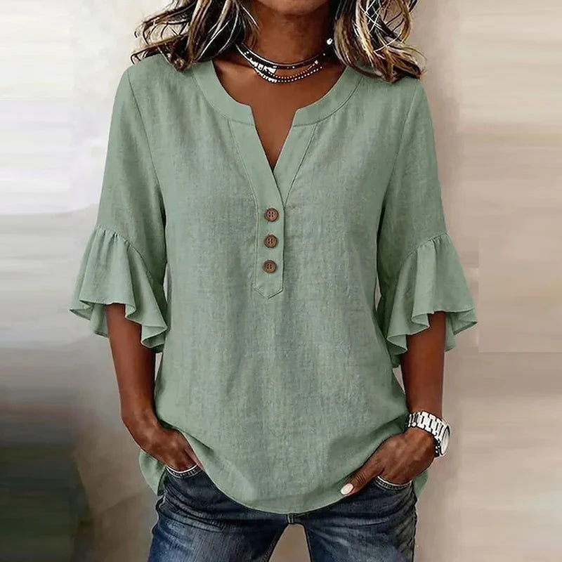 Solid Color V-Neck 3/4 Sleeve Loose Blouse for Women | Sorelle Collection 3