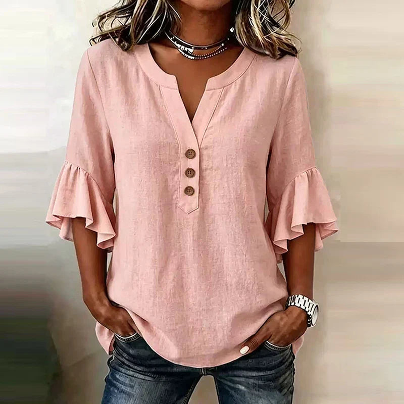 Solid Color V-Neck 3/4 Sleeve Loose Blouse for Women | Sorelle Collection 4