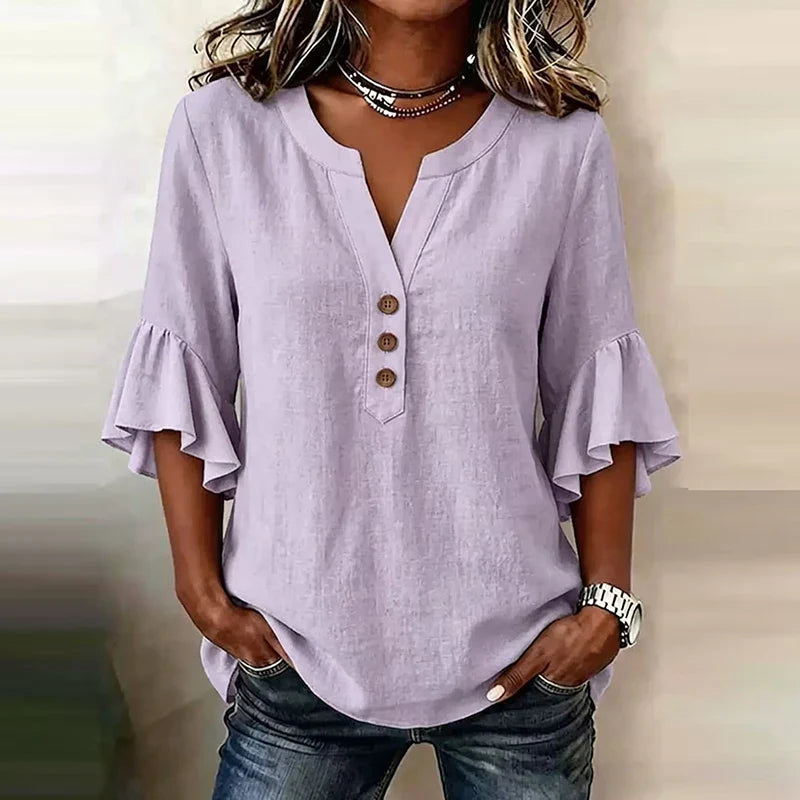 Solid Color V-Neck 3/4 Sleeve Loose Blouse for Women | Sorelle Collection 6