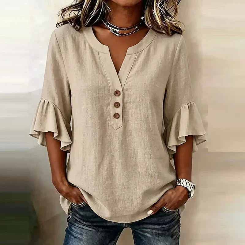 Solid Color V-Neck 3/4 Sleeve Loose Blouse for Women | Sorelle Collection 7
