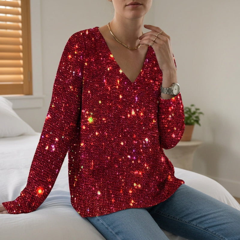 Starlight Silver Sequin V-Neck Long Sleeve Chic Top | Almera Collection 1