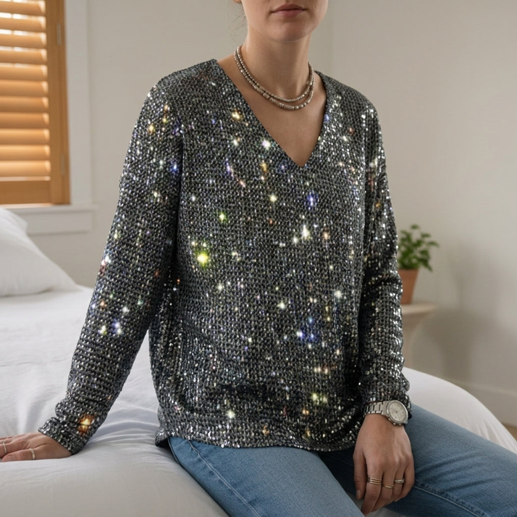 Starlight Silver Sequin V-Neck Long Sleeve Chic Top | Almera Collection 2