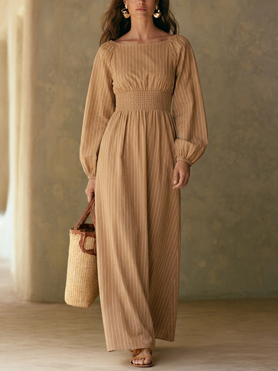 Striped Off-Shoulder Lantern Sleeve Midi Dress | Seren Collection 0