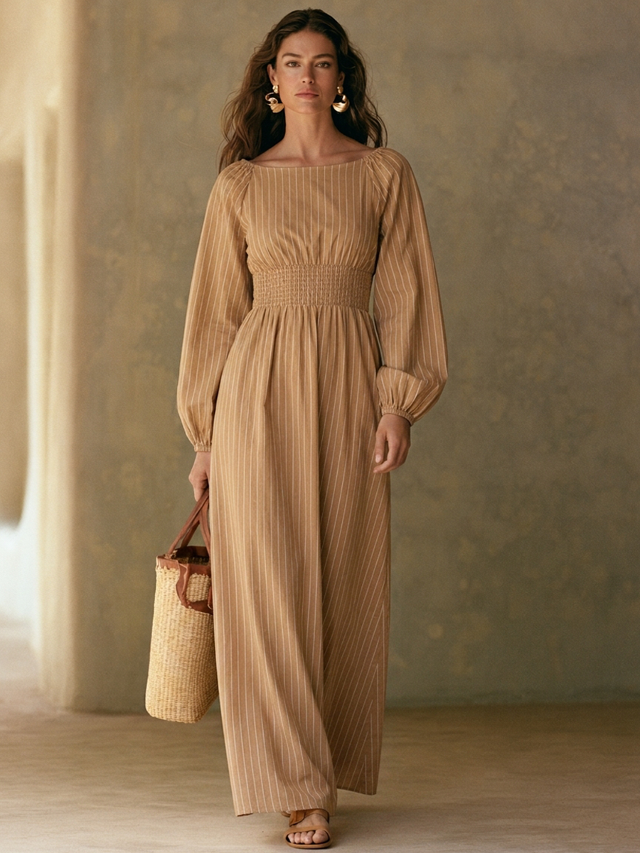 Striped Off-Shoulder Lantern Sleeve Midi Dress | Seren Collection 1