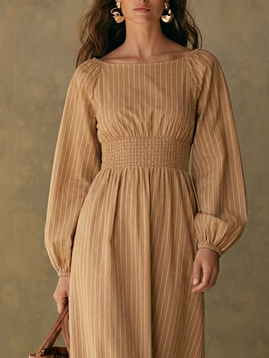 Striped Off-Shoulder Lantern Sleeve Midi Dress | Seren Collection 2