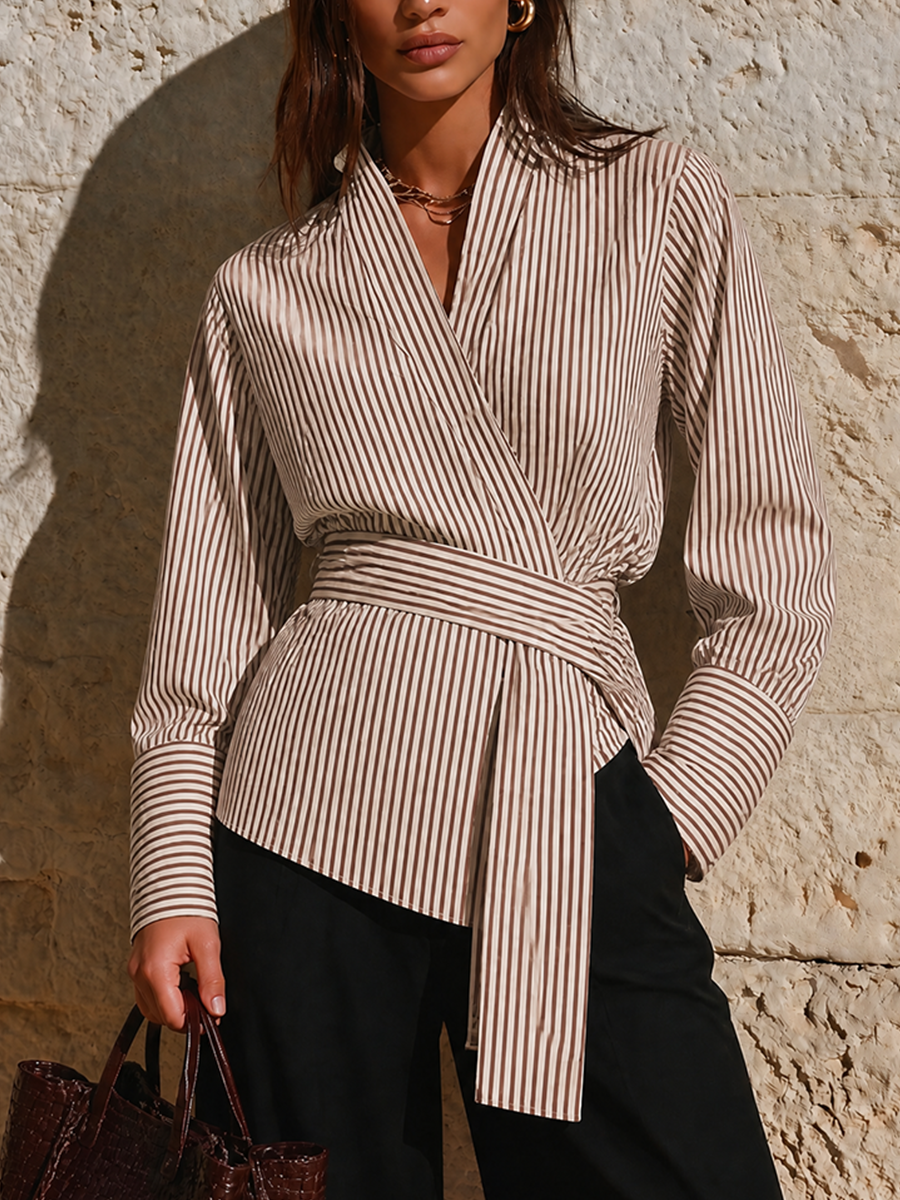 Striped Wrap V Neck Long Sleeve Relaxed Blouse Workwear | Wistara Collection 0
