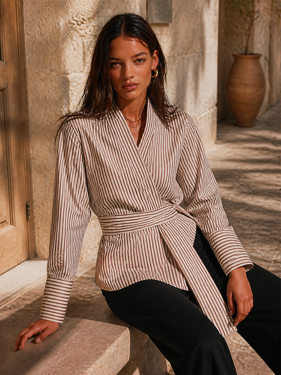Striped Wrap V Neck Long Sleeve Relaxed Blouse Workwear | Wistara Collection 1
