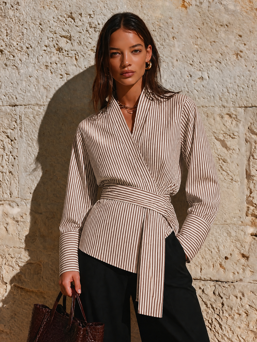 Striped Wrap V Neck Long Sleeve Relaxed Blouse Workwear | Wistara Collection 2