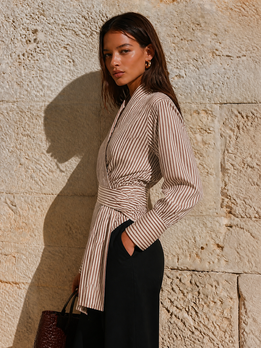 Striped Wrap V Neck Long Sleeve Relaxed Blouse Workwear | Wistara Collection 4