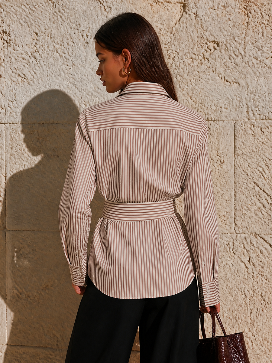 Striped Wrap V Neck Long Sleeve Relaxed Blouse Workwear | Wistara Collection 5