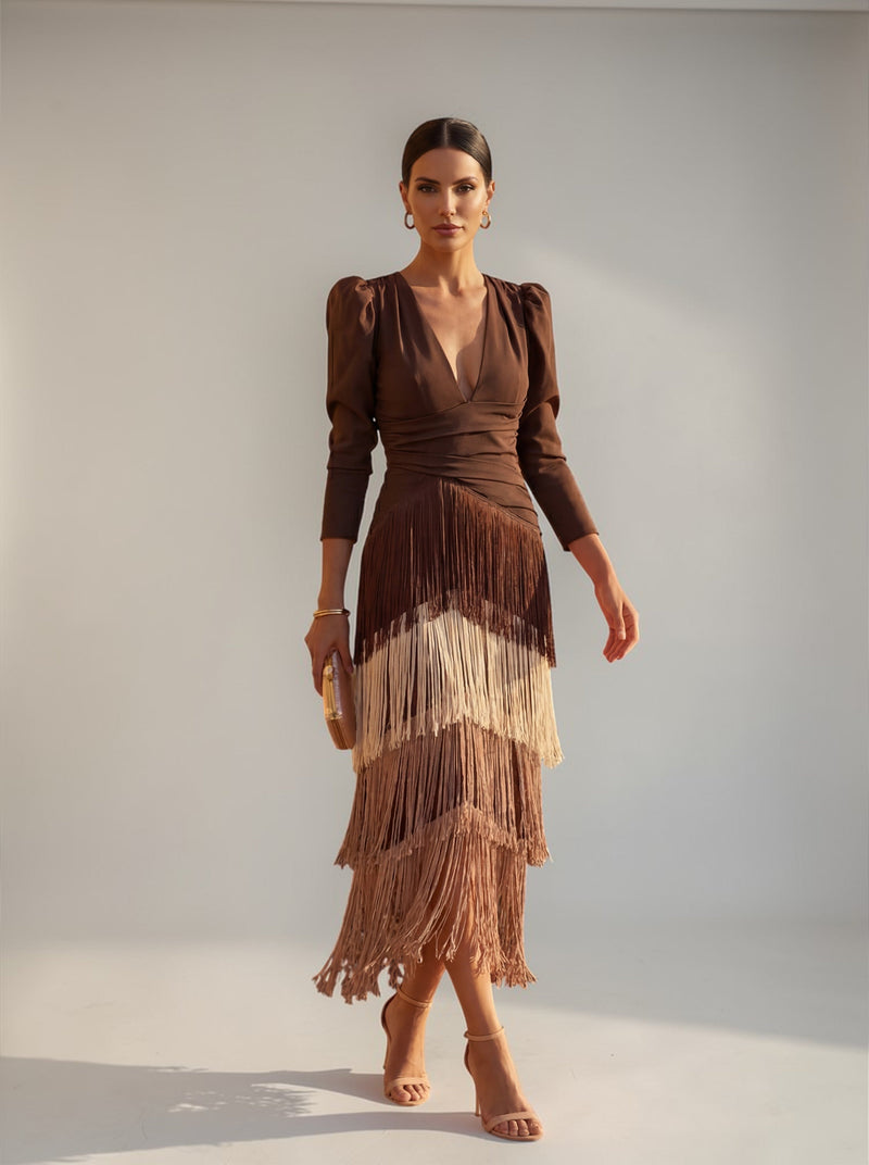 Tiered Fringe V-Neck Puffed Sleeve Midi Evening Dress | Tresselle Collection 0