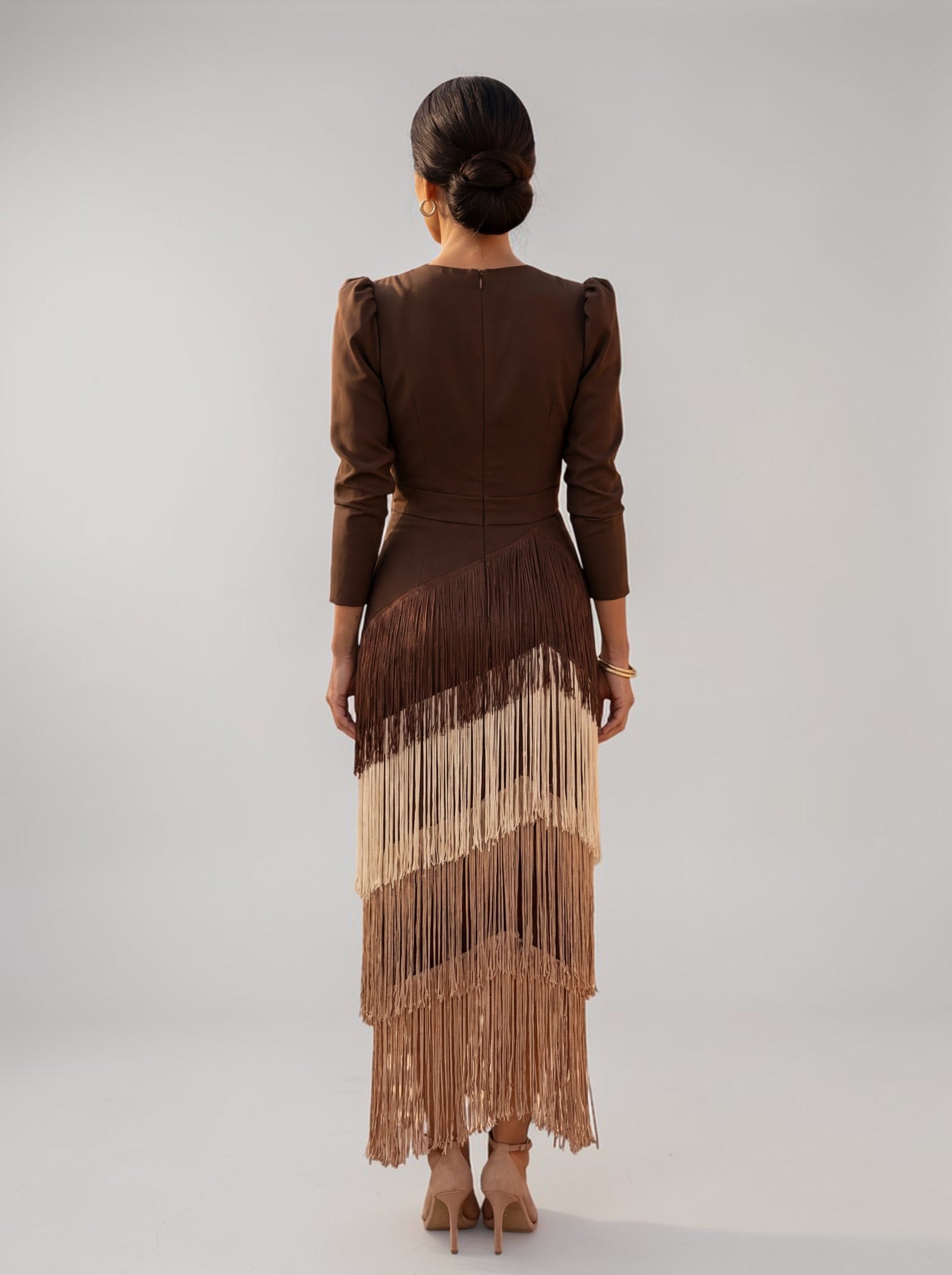 Tiered Fringe V-Neck Puffed Sleeve Midi Evening Dress | Tresselle Collection 1