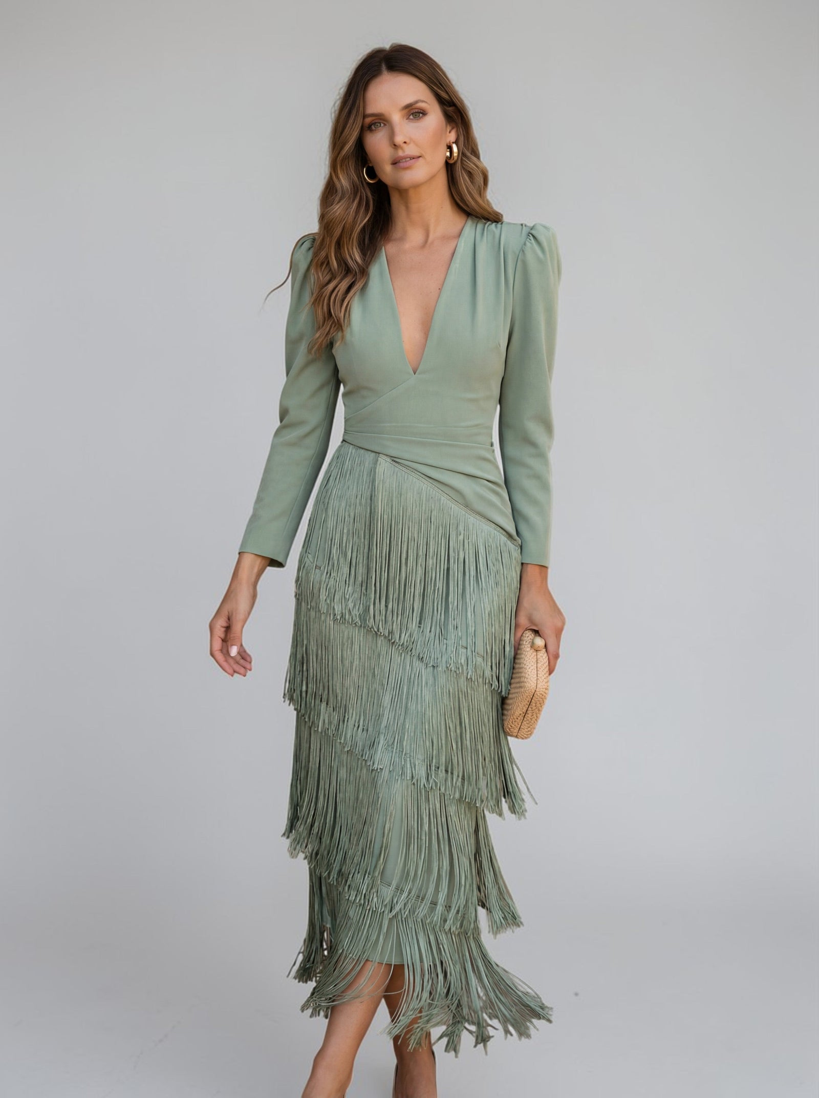 Tiered Fringe V-Neck Puffed Sleeve Midi Evening Dress | Tresselle Collection 5