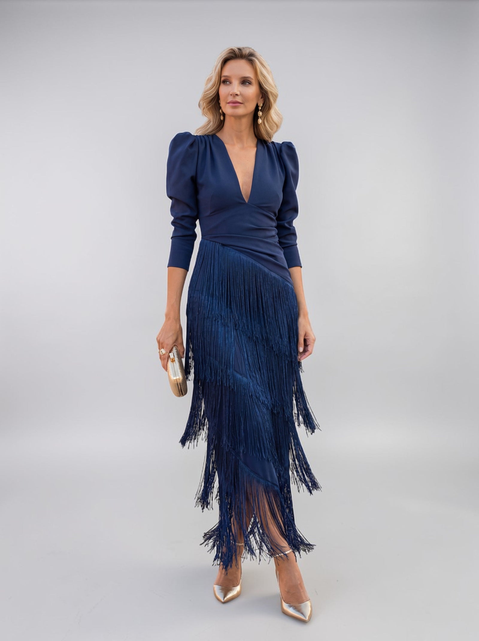 Tiered Fringe V-Neck Puffed Sleeve Midi Evening Dress | Tresselle Collection 6