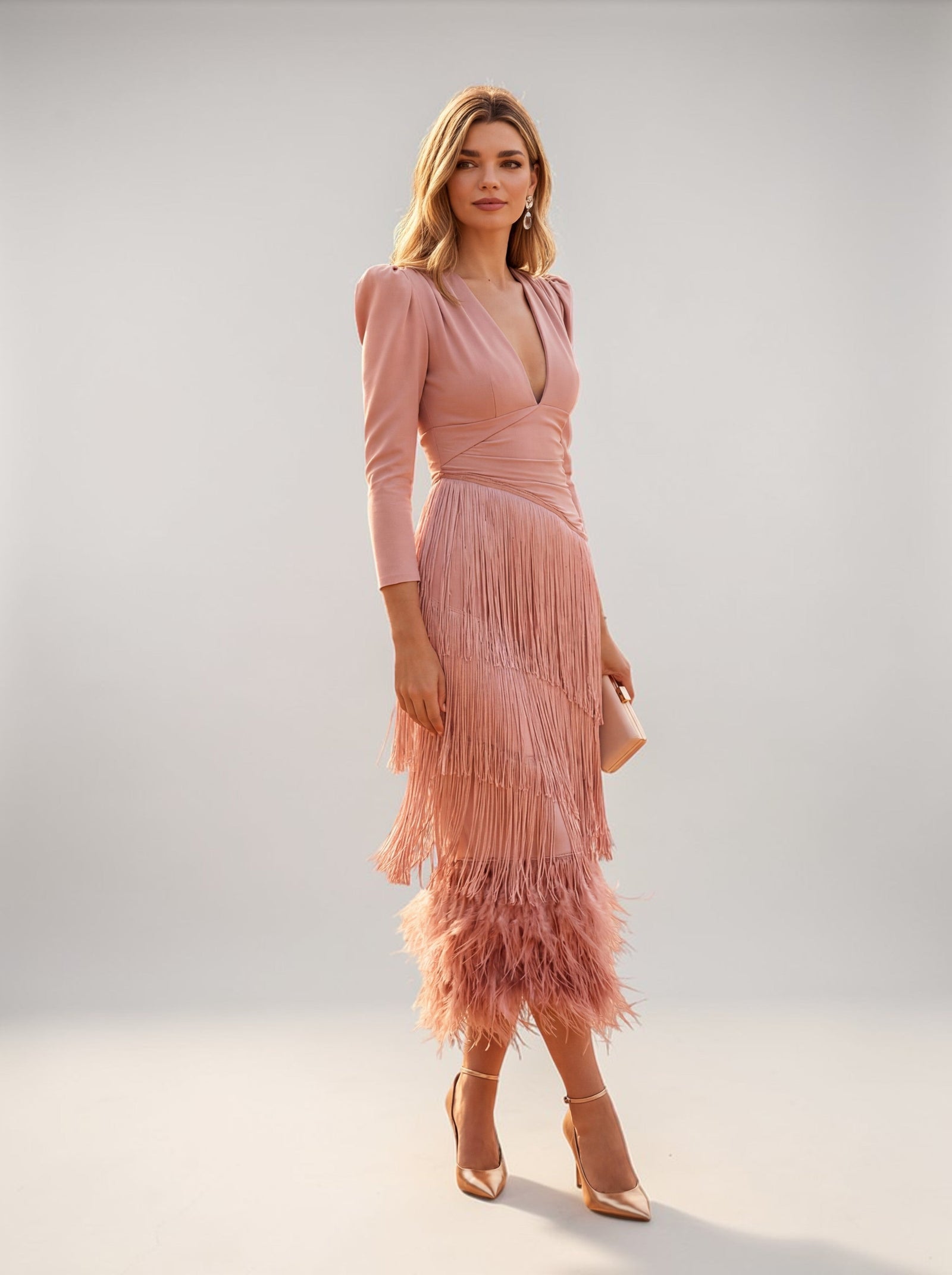 Tiered Fringe V-Neck Puffed Sleeve Midi Evening Dress | Tresselle Collection 7