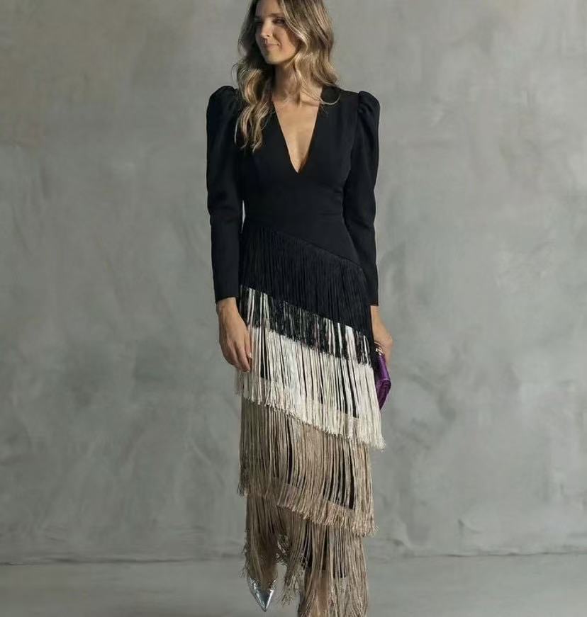 Tiered Fringe V-Neck Puffed Sleeve Midi Evening Dress | Tresselle Collection 9