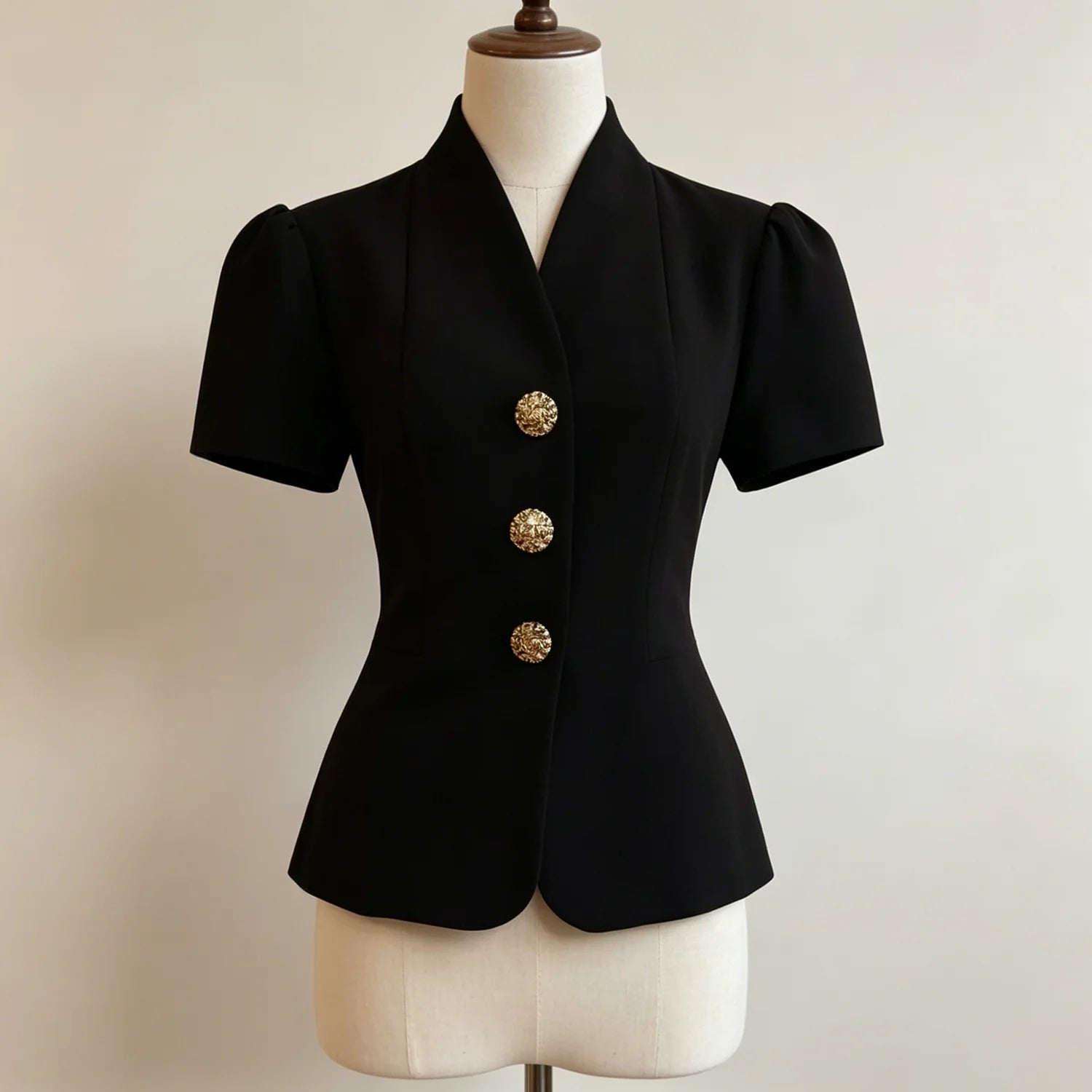 A black short-sleeve blazer with structured shoulders and three prominent gold decorative buttons, displayed on a cream-colored dress form mannequin against a plain light background.