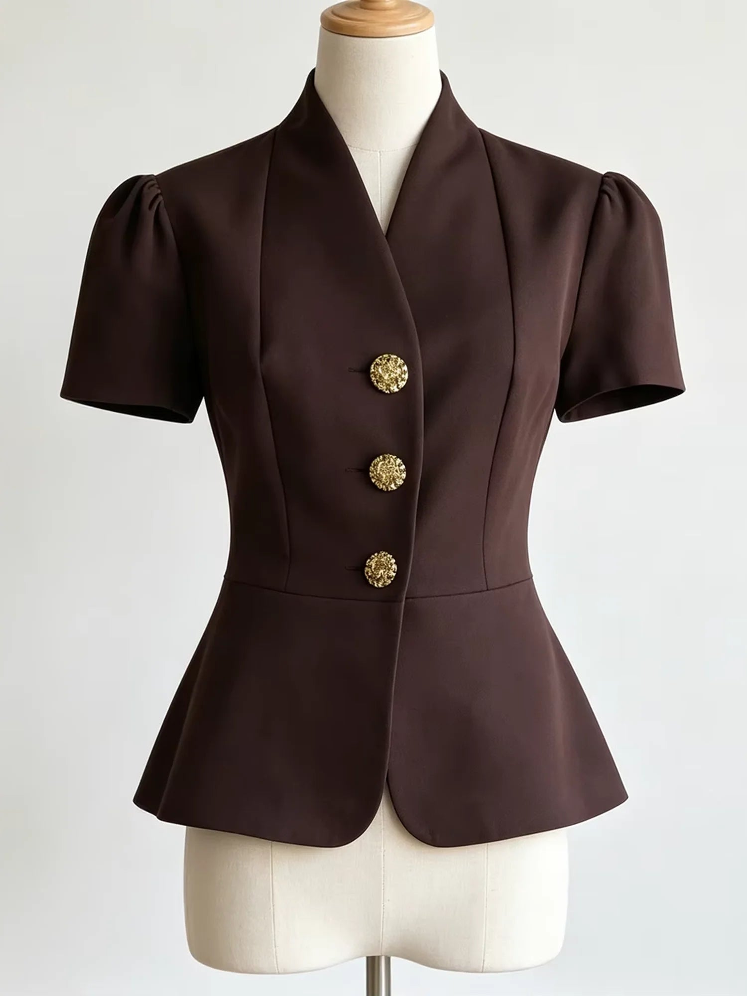A dark brown short-sleeve blazer with structured shoulders, a notched lapel, and three ornate gold buttons, displayed on a cream-colored dress form mannequin against a light gray background.