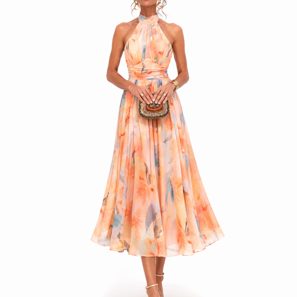 Watercolour Print Halter Neck Midi Occasion Dress | Willow Collection 0