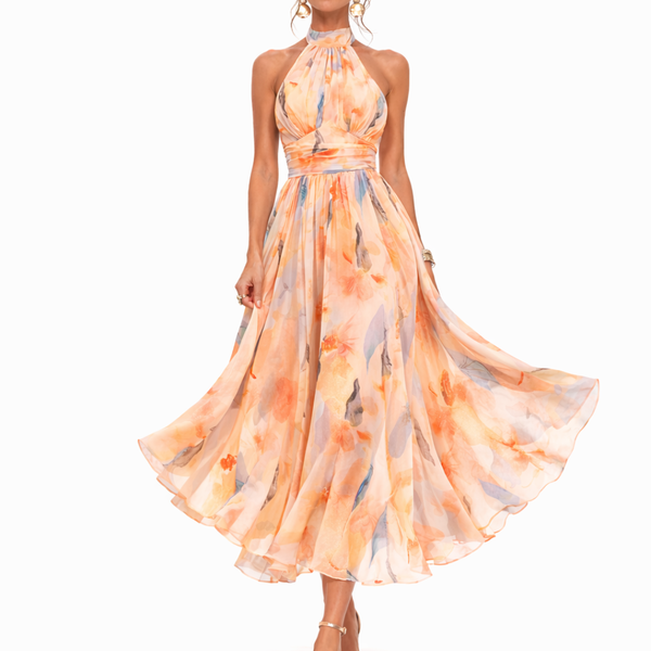 Watercolour Print Halter Neck Midi Occasion Dress | Willow Collection 1