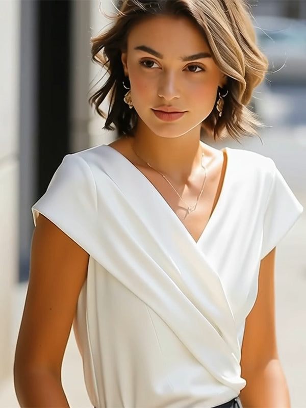 White Asymmetric Pleated V-Neck Short Sleeve Loose Blouse | Aveline Collection 3