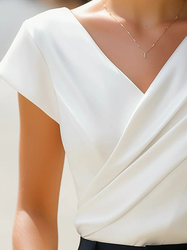 White Asymmetric Pleated V-Neck Short Sleeve Loose Blouse | Aveline Collection 4