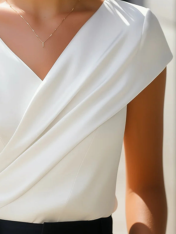 White Asymmetric Pleated V-Neck Short Sleeve Loose Blouse | Aveline Collection 5