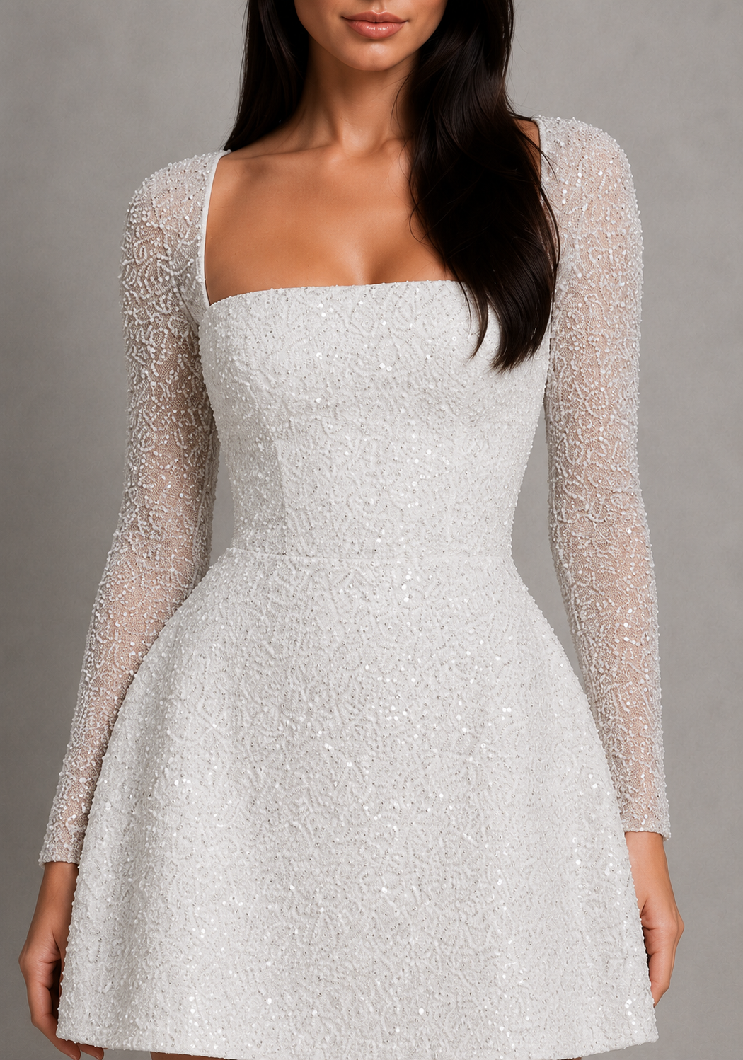 White Beaded Lace-Up Back Sheer Sleeve Bubble Hem Mini Dress | Bellezza Collection 4