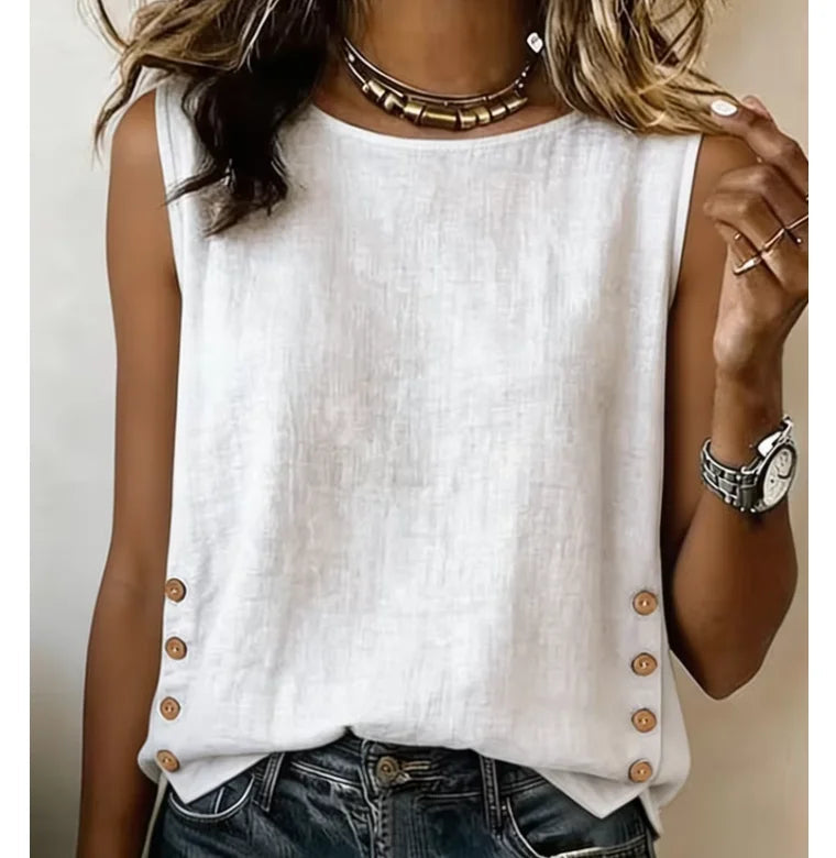 White Button-Front Round Neck Loose Cotton Linen Top | Willow Collection 0