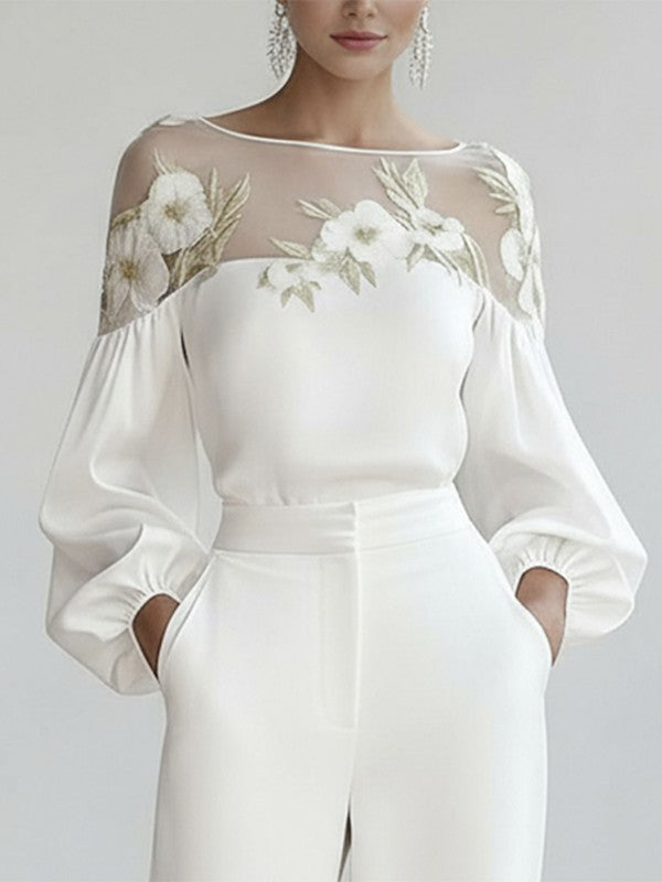 White Floral Applique Round Neck Puff Sleeve Blouse | Whimsera Collection 0