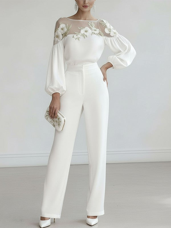 White Floral Applique Round Neck Puff Sleeve Blouse | Whimsera Collection 1