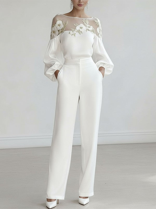 White Floral Applique Round Neck Puff Sleeve Blouse | Whimsera Collection 2
