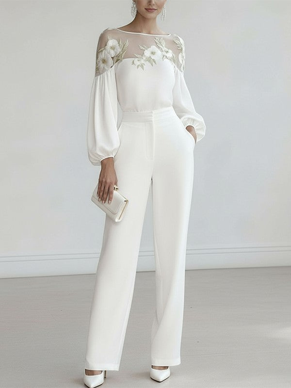 White Floral Applique Round Neck Puff Sleeve Blouse | Whimsera Collection 3