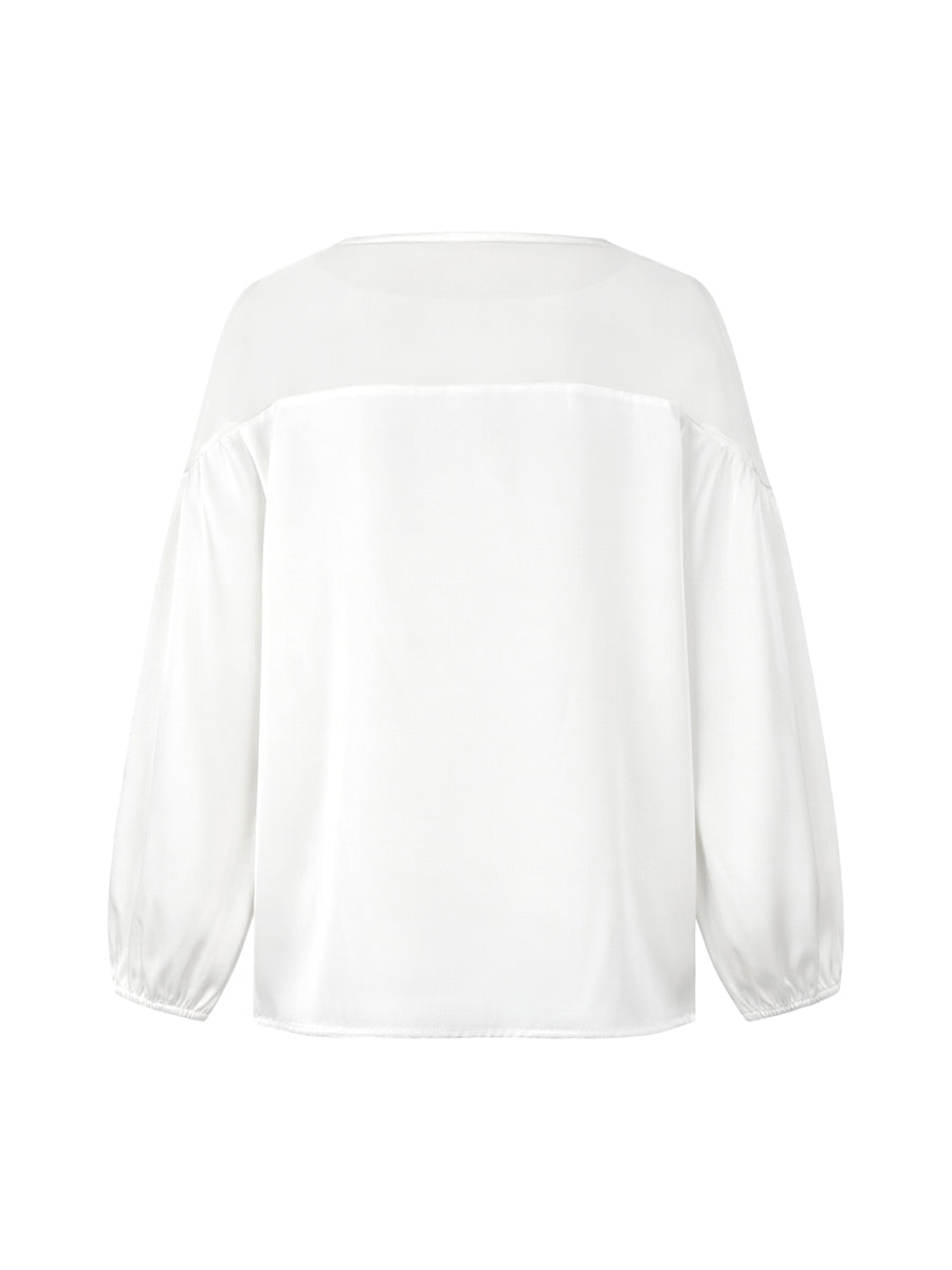 White Floral Applique Round Neck Puff Sleeve Blouse | Whimsera Collection 5