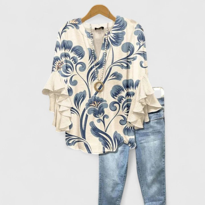 White Floral Print Ruffled Sleeve Comfortable Blouse | Sienna Collection 0