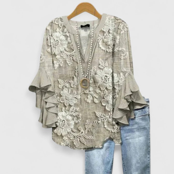 White Floral Print Ruffled Sleeve Comfortable Blouse | Sienna Collection 1