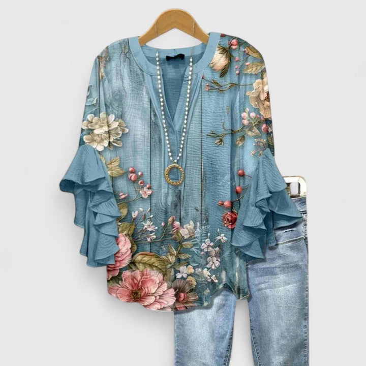 White Floral Print Ruffled Sleeve Comfortable Blouse | Sienna Collection 5