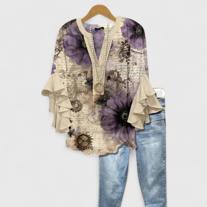 White Floral Print Ruffled Sleeve Comfortable Blouse | Sienna Collection 9