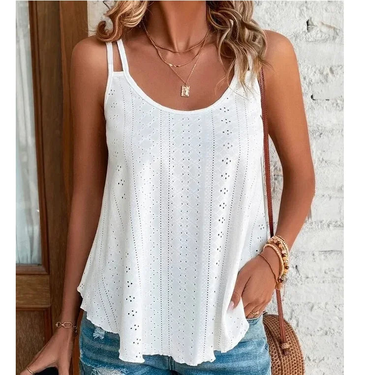 White Hollow-Out Sleeveless Loose Fit Tank Top Casual Beachwear | Serene Collection 0