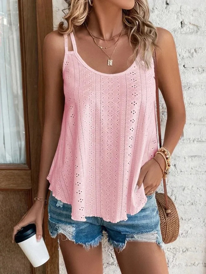 White Hollow-Out Sleeveless Loose Fit Tank Top Casual Beachwear | Serene Collection 9