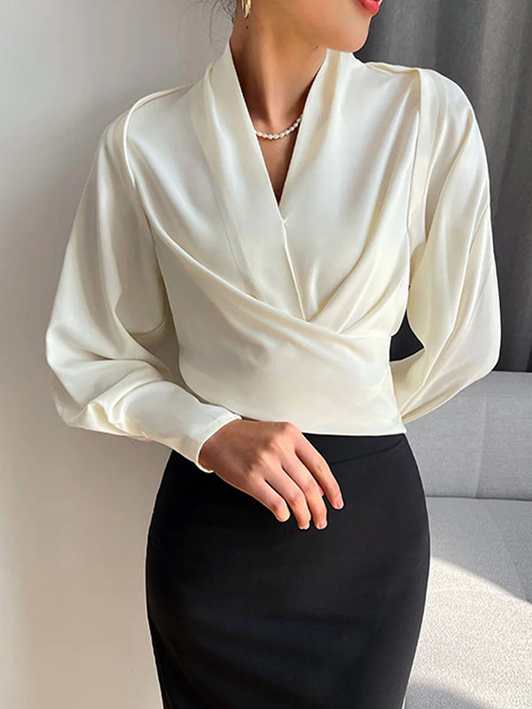 White Zip-Front V-Neck Long Sleeve Blouse | Vellure Collection 0
