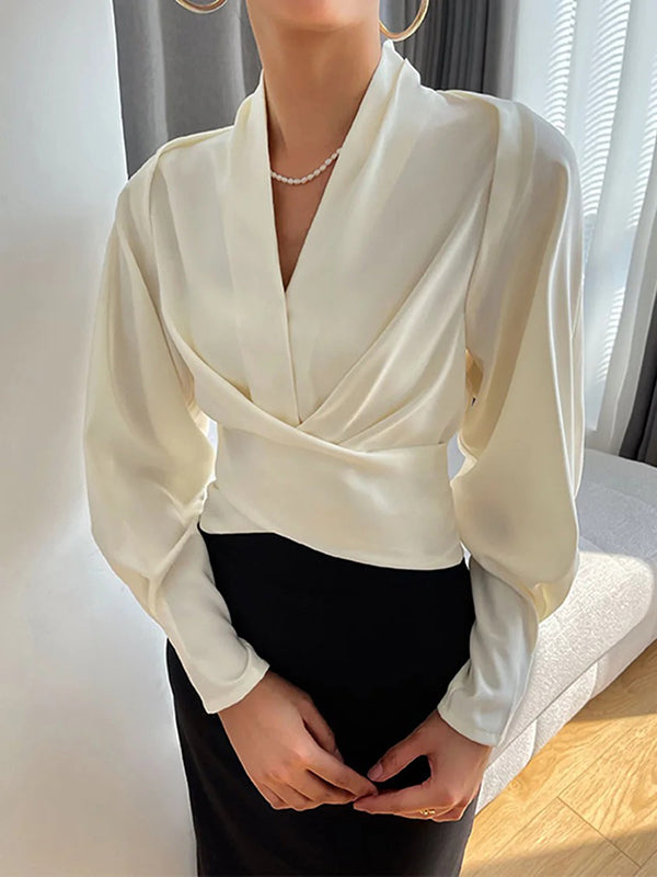 White Zip-Front V-Neck Long Sleeve Blouse | Vellure Collection 1