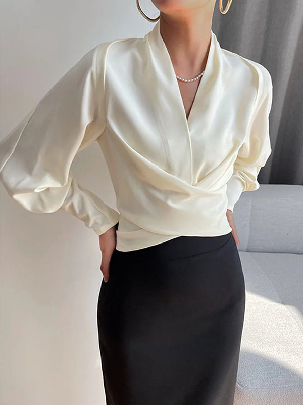 White Zip-Front V-Neck Long Sleeve Blouse | Vellure Collection 2