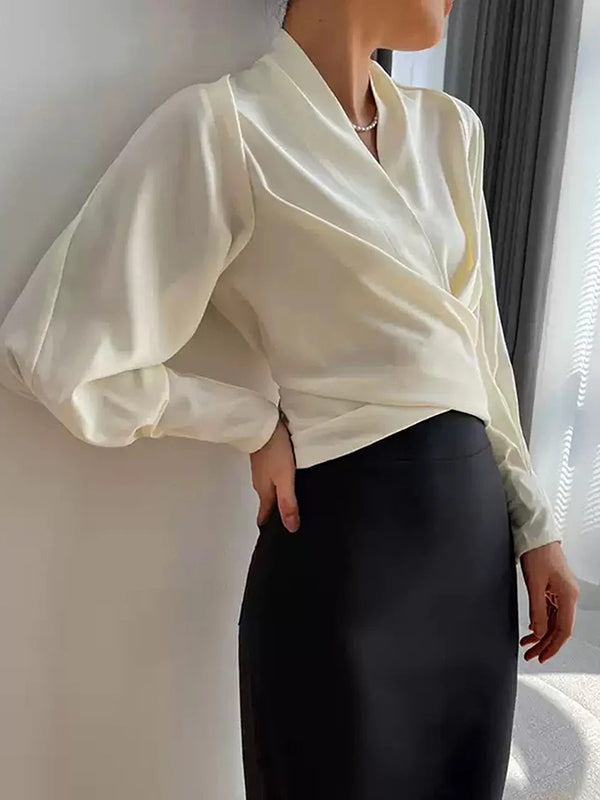 White Zip-Front V-Neck Long Sleeve Blouse | Vellure Collection 3