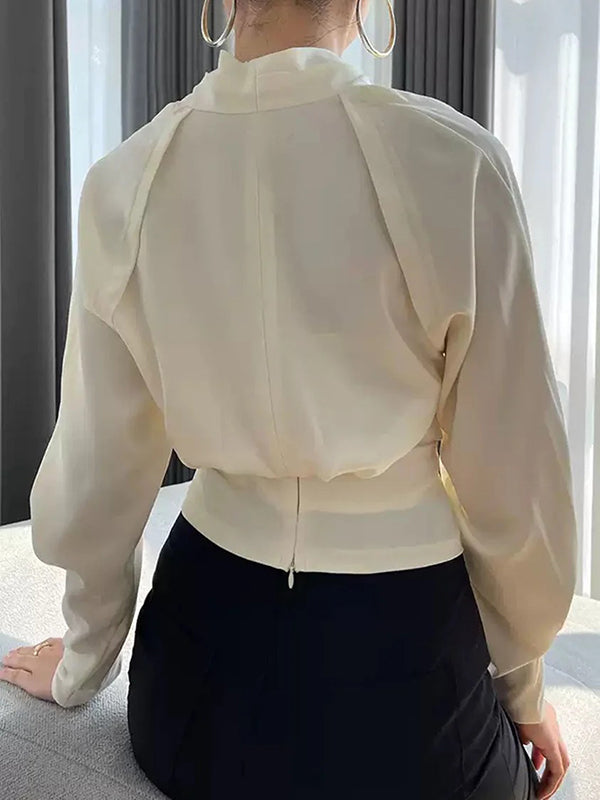 White Zip-Front V-Neck Long Sleeve Blouse | Vellure Collection 4