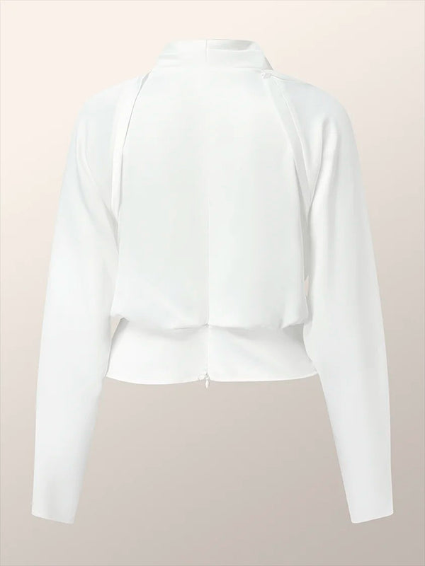 White Zip-Front V-Neck Long Sleeve Blouse | Vellure Collection 6