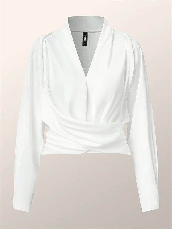 White Zip-Front V-Neck Long Sleeve Blouse | Vellure Collection 7