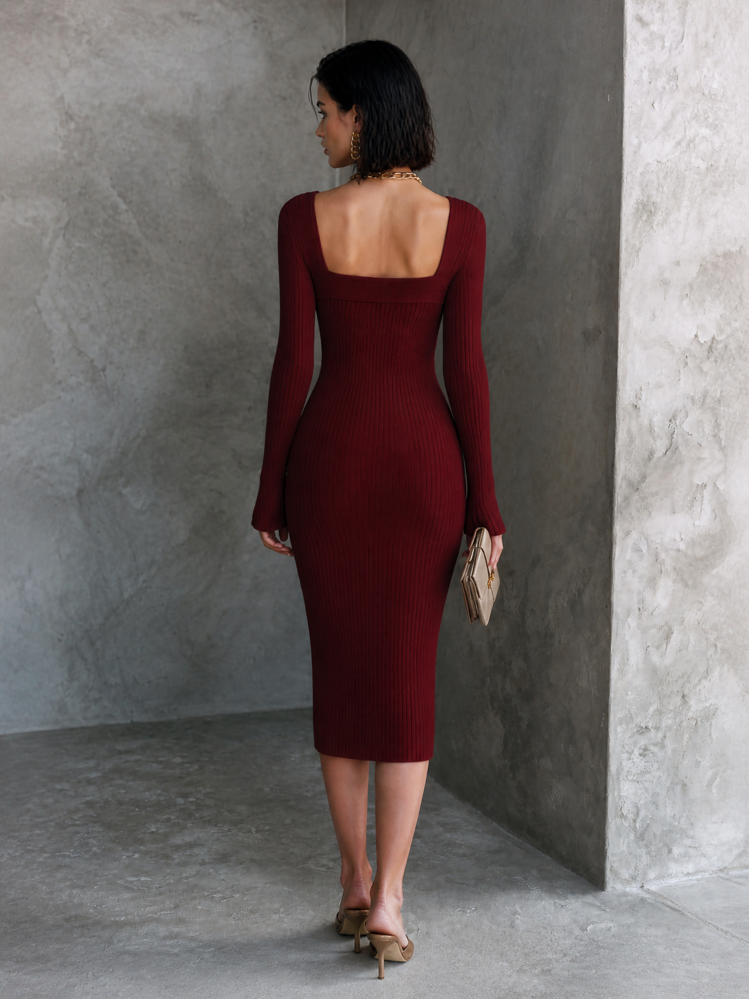 Wine Red Ribbed Knit Square Neck Long Sleeve Bodycon Midi Dress | Wistara Collection 3