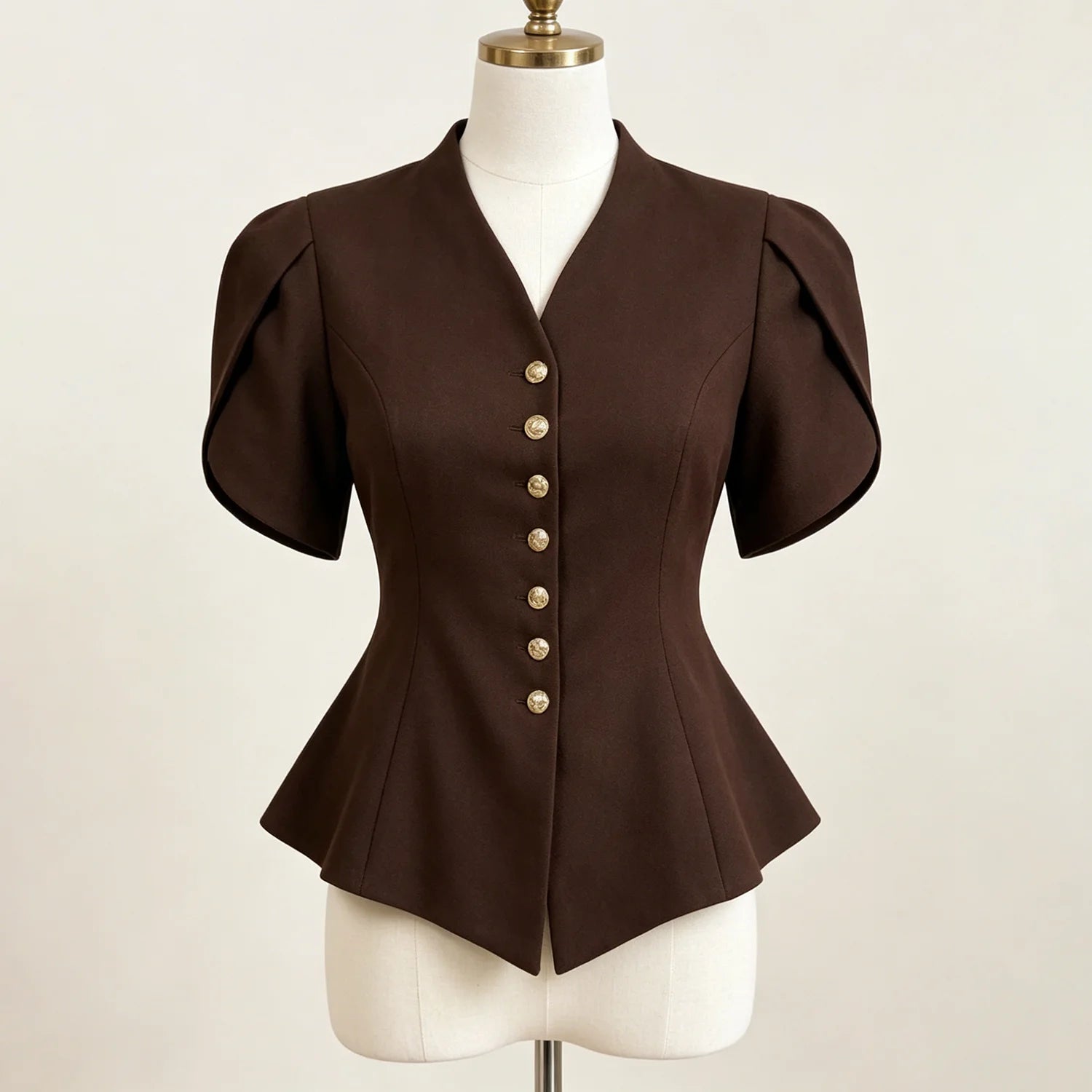 A dark brown short-sleeve peplum blouse with puff sleeves and a row of gold buttons down the front, displayed on a white mannequin torso.