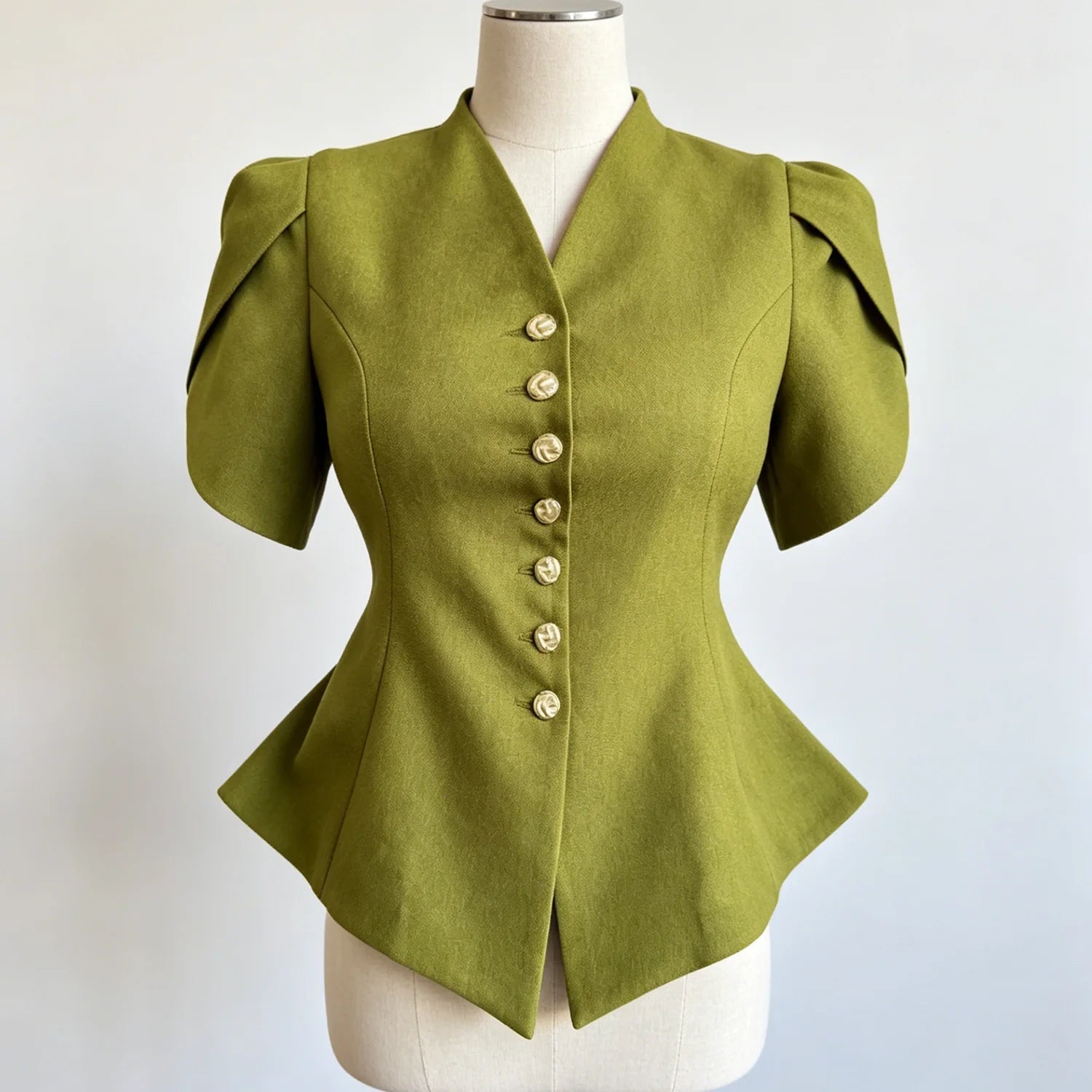 An olive green short-sleeve peplum jacket with puffed shoulders and a row of decorative gold buttons down the front, displayed on a cream dress form mannequin against a light gray background.
